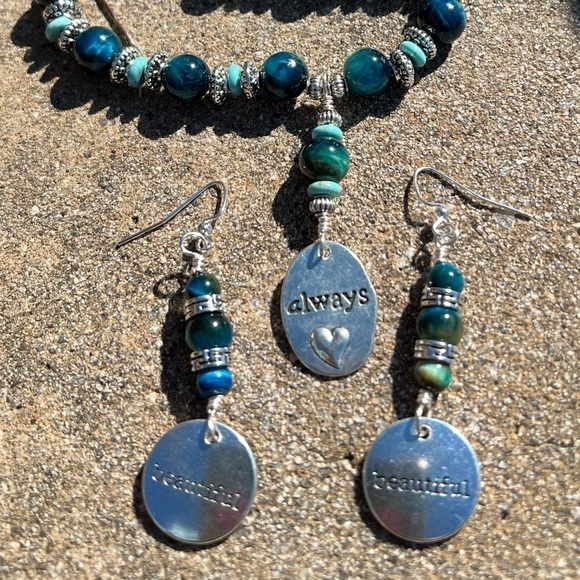 Blue Tigers Eye and Silver Necklace and Earrings Set Handmade - Picture 8 of 16